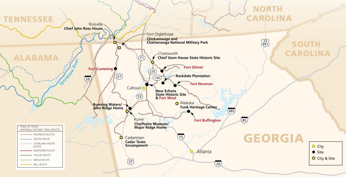 Trail of Tears Georgia Map and Guide, ca. 2013. Detail of map by National Park Service. Courtesy of the National Park Service Trail of Tears website. Trail of Tears Georgia Map and Guide, ca. 2013. Detail of map by National Park Service. Courtesy of the National Park Service Trail of Tears website.