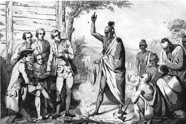 Timucua men meeting settlers, ca. 1562. Lithograph. Courtesy of Wikimedia Commons. Image is in the public domain.