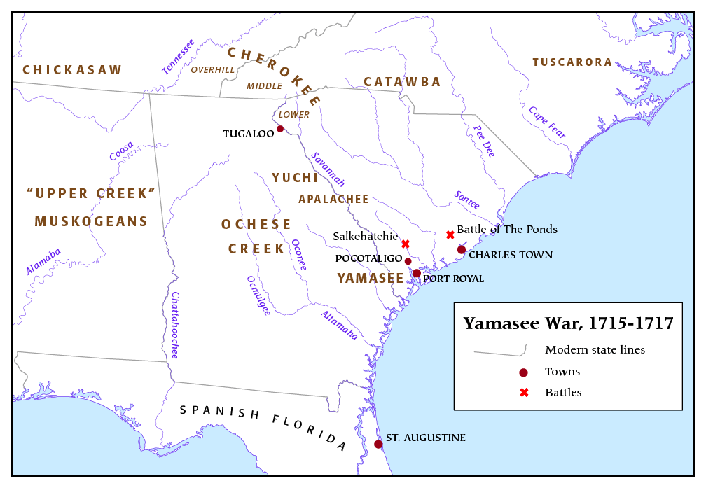 Overview map of the Yamasee War, June 29, 2007. Map by Pfly. Courtesy of Wikimedia Commons. Creative Commons license CC BY-SA 3.0.
