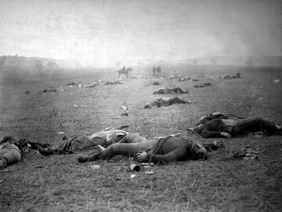 Incidents of the war. A harvest of death, Gettysburg, Pennsylvania, July 1863. Photograph by Timothy H. O'Sullivan. Courtesy of Wikimedia Commons. Image is in public domain.
