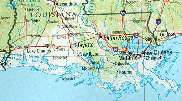 Louisiana (reference map), Louisiana Acadian region, 2002. Map by US Geological Survey. Courtesy of the Perry-Casañeda Map Collection, University of Texas. Louisiana (reference map), Louisiana Acadian region, 2002. Map by US Geological Survey. Courtesy of the Perry-Casañeda Map Collection, University of Texas.