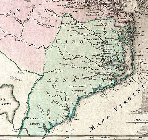 Johann Homann, "Virginia Marylandia et Carolina in America Septentrionali Britannorum industria excultae . . .," 1715. Via Wikimedia Commons.
