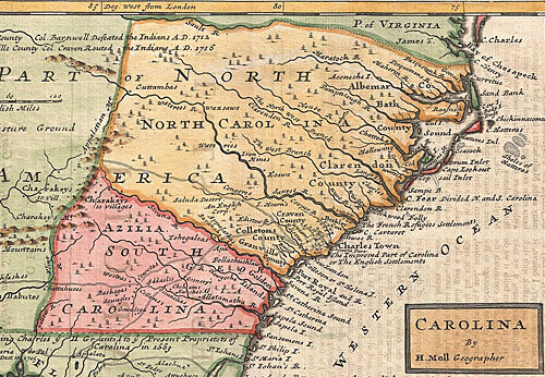 Herman Moll, "Map of Carolina," 1746. Via Wikimedia Commons.