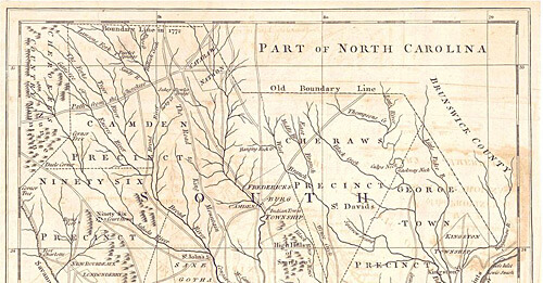 J. Hinton, "A New and Accurate Map of the Province of South Carolina in North America," 1779. From The Universal Magazine, courtesy of the Historical Maps of Alabama Collection, University of Alabama Department of Geography. Via Wikimedia Commons.