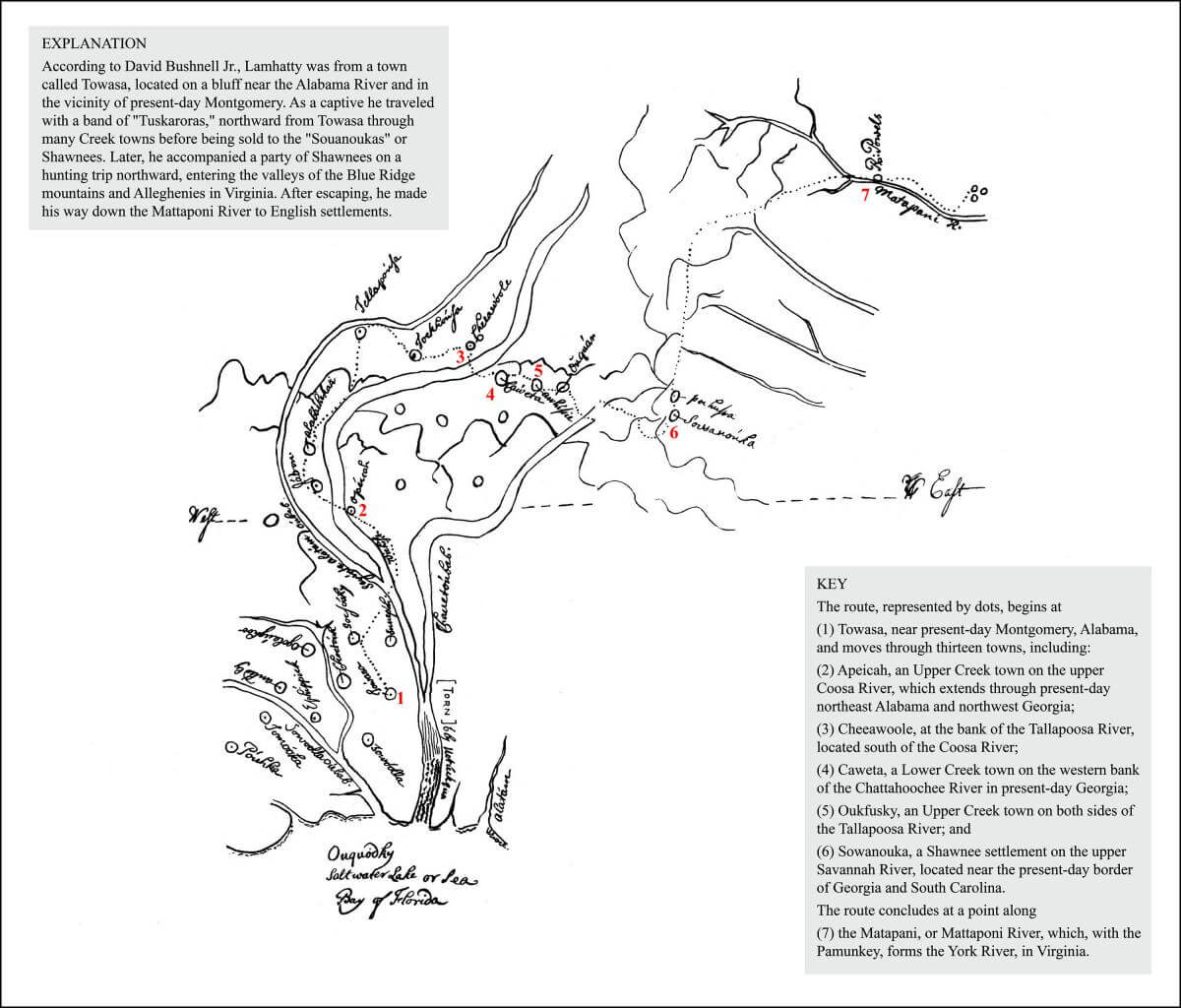 Map showing the route of Lamhatty during his captivity from 1706–1707. Map by David I. Bushnell Jr. Originally published in David I. Bushnell Jr.'s The Account of Lamhatty (American Anthropologist, 1908). Courtesy of JSTOR, archive.org/details/jstor-659687. Bushnell Jr. created this map from an original held in the Virginia Historical Society archives. Map annotated by Southern Spaces. Map showing the route of Lamhatty during his captivity from 1706–1707. Map by David I. Bushnell Jr. Originally published in David I. Bushnell Jr.'s The Account of Lamhatty (American Anthropologist, 1908). Courtesy of JSTOR, archive.org/details/jstor-659687. Bushnell Jr. created this map from an original held in the Virginia Historical Society archives. Map annotated by Southern Spaces.