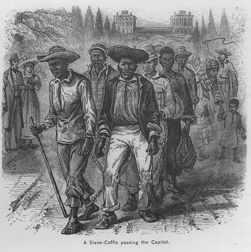 A Slave-Coffle passing the Capitol, ca. 1815. Illustration by unknown artist. Originally published in Cullen and Howard's Popular History of the United States (Scribner, Armstrong, and Co., 1876–1881). Courtesy of the Library of Congress, loc.gov/pictures/item/98510280/. A Slave-Coffle passing the Capitol, ca. 1815. Illustration by unknown artist. Originally published in Cullen and Howard's Popular History of the United States (Scribner, Armstrong, and Co., 1876–1881). Courtesy of the Library of Congress, loc.gov/pictures/item/98510280/.