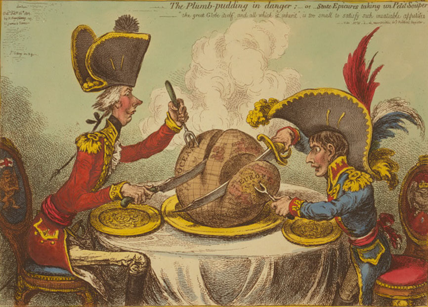 The Plumb-pudding in danger, a political cartoon depicting US and European imperialism, February 26, 1805. Cartoon etching  by James Gillray. Courtesy of the Library of Congress Prints and Photographs Division, loc.gov/resource/cph.3g08791/.
