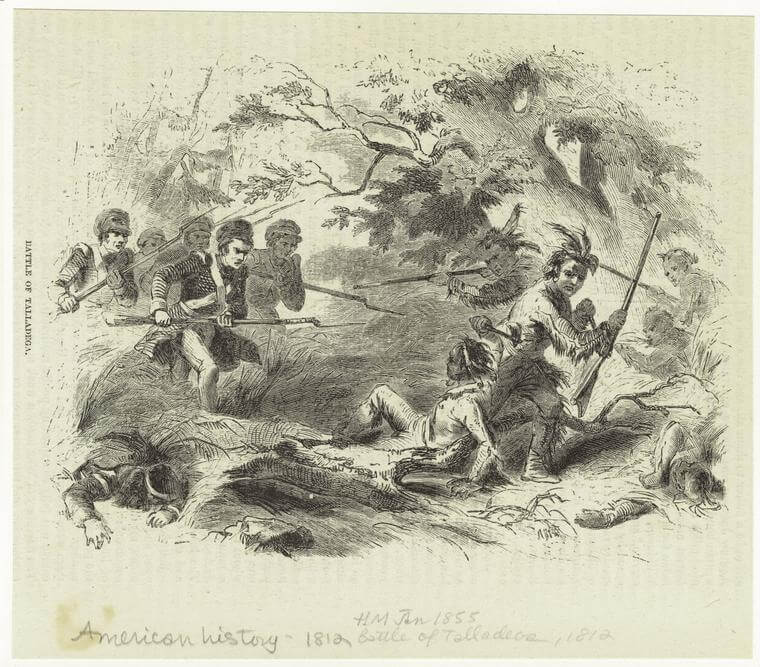 Battle of Talladega, 1855. Engraving by unknown creator. Courtesy of the New York Public Library Art and Picture Collection Division, digitalcollections.nypl.org/items/510d47e0-f6d5-a3d9-e040-e00a18064a99.