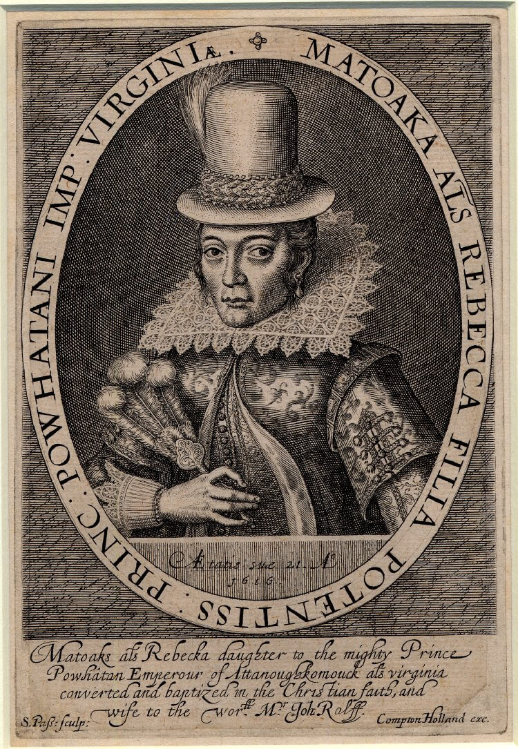 Portrait of Pocahontas, 1616. Engraving by Simon van de Passe. Courtesy of Wikimedia Commons. Image is in the public domain.