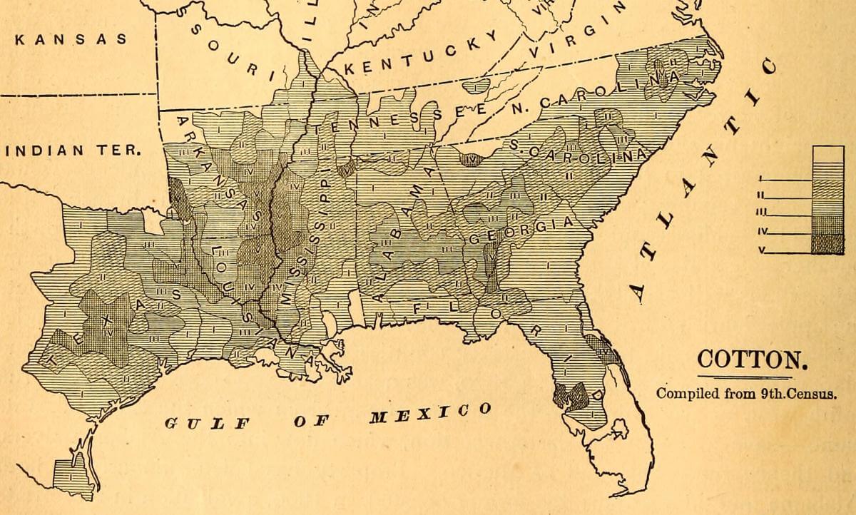 Map Detail Showing the Cotton Regions of the United States. Illustration by James Wells Champney, 1875. Originally published in Edward King and James Wells Champney's The Great South (Hartford, CT: American Publishing Co., 1875), 312. Courtesy of Documenting the American South, University of North Carolina–Chapel Hill. Image is in the public domain. Map Detail Showing the Cotton Regions of the United States. Illustration by James Wells Champney, 1875. Originally published in Edward King and James Wells Champney's The Great South (Hartford, CT: American Publishing Co., 1875), 312. Courtesy of Documenting the American South, University of North Carolina-Chapel Hill. Image is in the public domain.