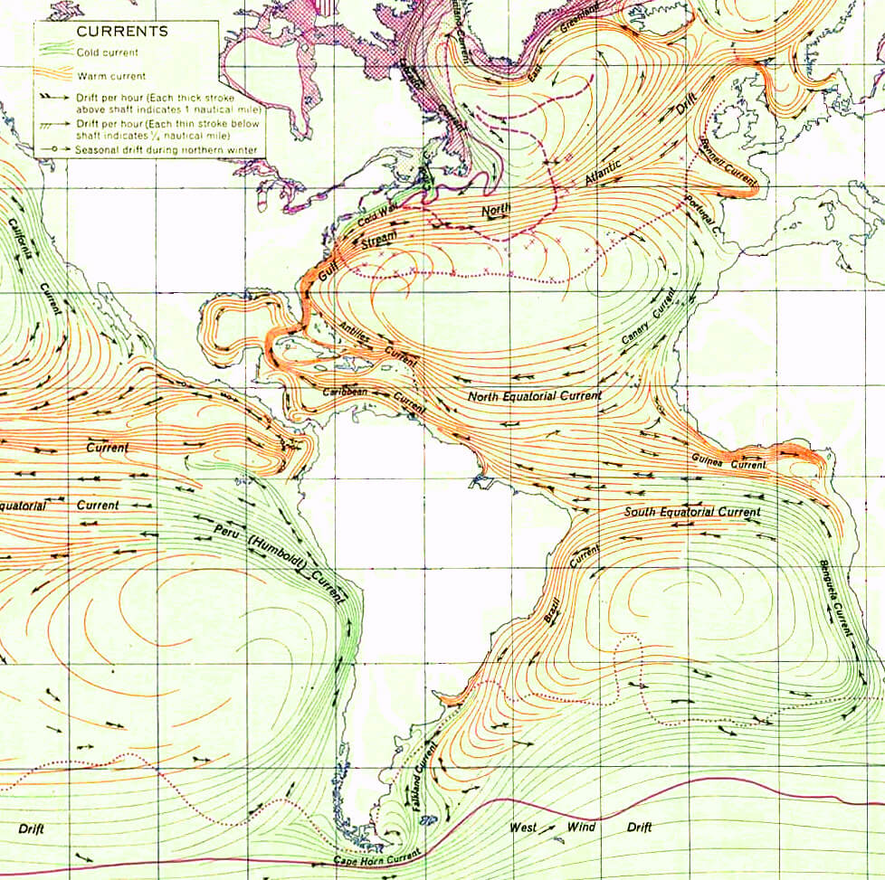 Detail of Ocean Currents and Sea Ice from Atlas of World Maps. Map by United States Army Service Forces, Army Specialized Training Division. Originally published in Army Service Forces Manual M-101 (1943). Courtesy of Wikimedia Commons. Image is in public domain. Detail of Ocean Currents and Sea Ice from Atlas of World Maps. Map by United States Army Service Forces, Army Specialized Training Division. Originally published in Army Service Forces Manual M-101 (1943). Courtesy of Wikimedia Commons. Image is in public domain.