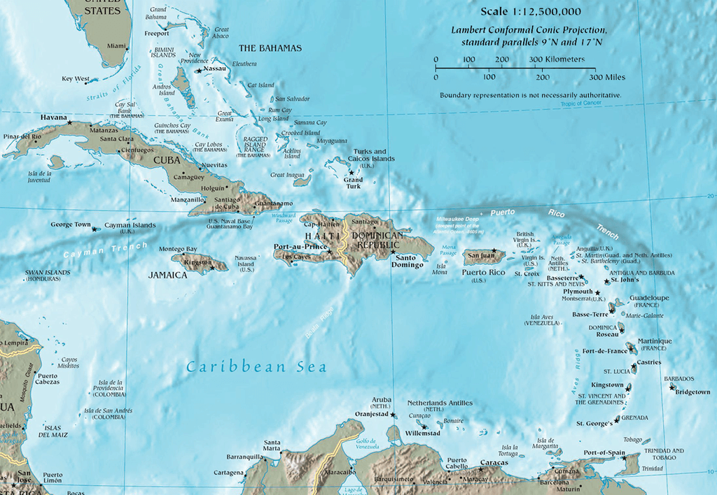Map of the Caribbean, June 25, 2011. Originally published in the The World Factbook (United States Central Intelligence Agency). Courtesy of Wikimedia Commons. Image is in public domain. Map of the Caribbean, June 25, 2011. Originally published in the The World Factbook (United States Central Intelligence Agency). Courtesy of Wikimedia Commons. Image is in public domain.