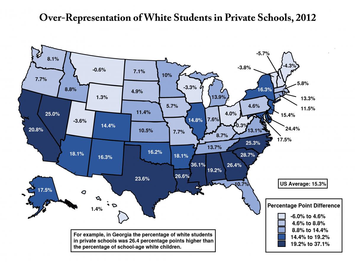 Over-Representation of White Students in Private Schools, 2012. Map by Steve Suitts. Map based on author's computations of National Center for Education Statistics data, 2012. Courtesy of the Southern Education Foundation.