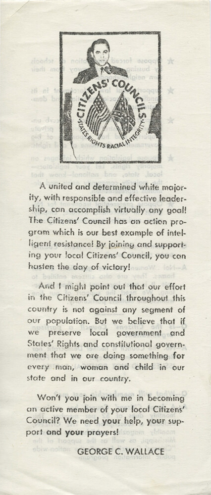 George C. Wallace, ca. 1954. Pamphlet by unknown creator. Published by Citizens' Councils of America. Courtesy of the Citizens' Council Collection, Archives and Special Collections, University of Mississippi Libraries. George C. Wallace, ca. 1954