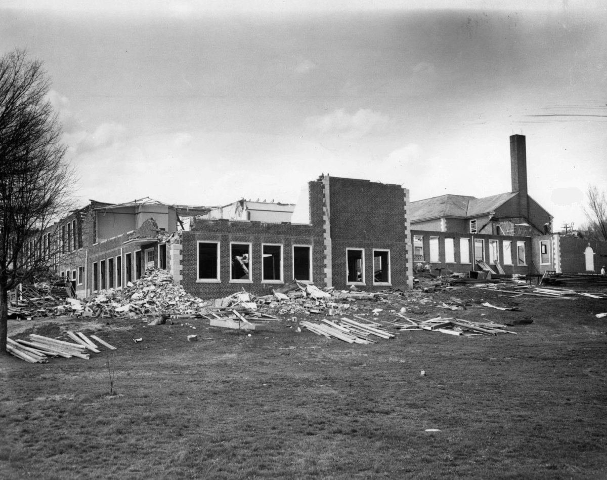 Clinton High School after bombing, Clinton, Tennessee, 1958. Photograph by unknown creator. Originally published in the Knoxville Journal. An estimated 75 to 100 sticks of dynamite exploded throughout Clinton High School in the early morning of Sunday, October 5, 1958, over two years after the desegregation of the high school. Despite the establishment of an FBI office in Clinton and a thorough investigation, no arrests were ever made in the case. Courtesy of the McClung Historical Collection, Knox County Public Library, University of Tennessee–Knoxville Libraries.