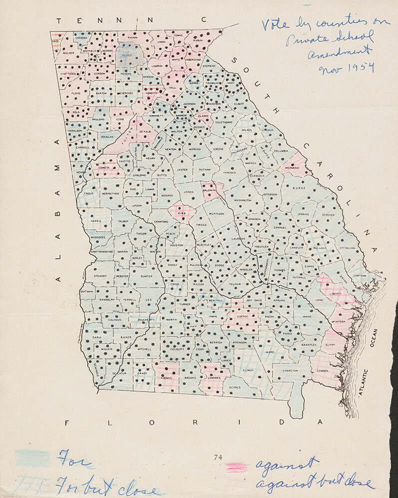 Vote by counties on private school amendment, Georgia, November 1954. Map by unknown creator. According to the map's key, shaded blue signifies "For," checkered blue signifies "For but close," shaded pink signifies "Against," and checkered pink signifies "Against but close." Courtesy of the Beverly Long Papers, Stuart A. Rose Manuscript, Archives, and Rare Book Library, Emory University.