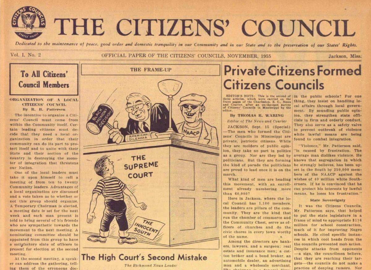 Front page of The Citizens' Council, Jackson, Mississippi, November 1955. Courtesy of Archive.org. Newspaper is in public domain. Front page of The Citizens' Council, Jackson, Mississippi, November 1955