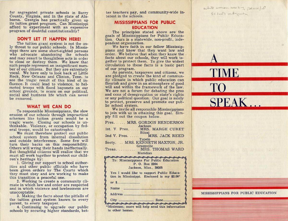 A Time to Speak, Jackson, Mississippi. Pamphlet by Mississippians for Public Education. Courtesy of the Constance Curry Papers, Stuart A. Rose Manuscript, Archives, and Rare Book Library, Emory University.
