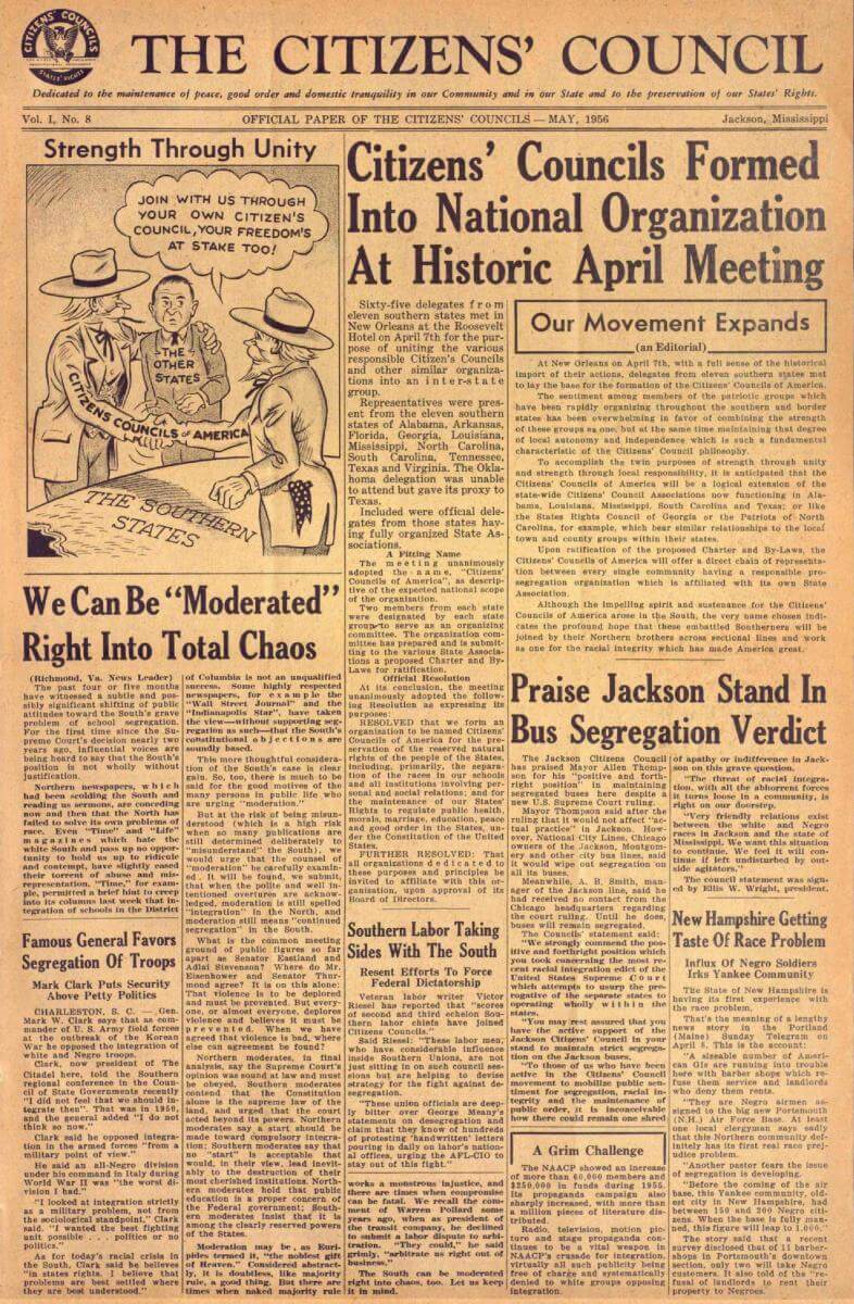 Front page of The Citizens' Council, Jackson, Mississippi, May 1956. Courtesy of Archive.org. Newspaper is in public domain.