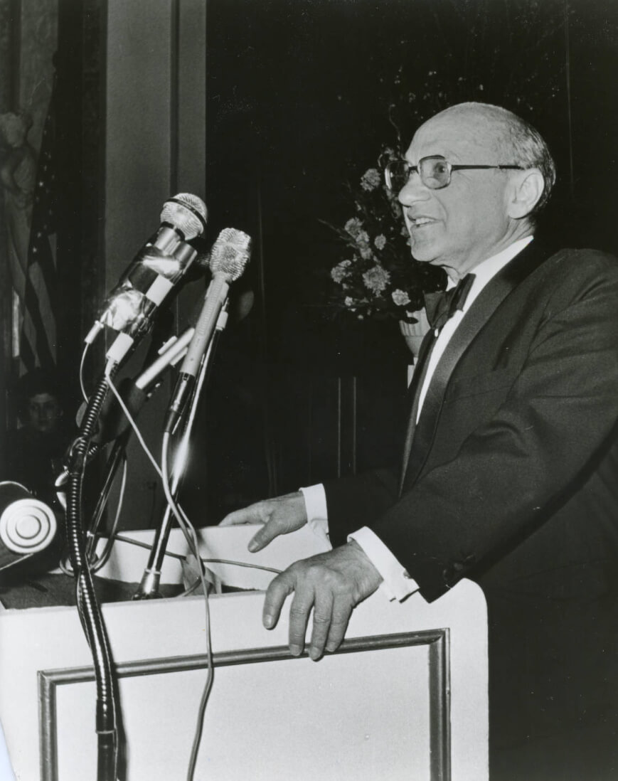 Milton Friedman, 1977. Photograph by unknown creator. Courtesy of the University Archives Photograph Collection, Pepperdine University Special Collections and University Archives.