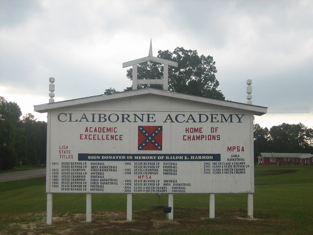 Claiborne Academy, Claiborne Parish, Louisiana, May 26, 2009. Photograph by Billy Hathorn. Courtesy of Wikimedia Commons. Creative Commons license CC BY-SA 3.0. Claiborne Academy, Claiborne Parish, Louisiana, May 26, 2009