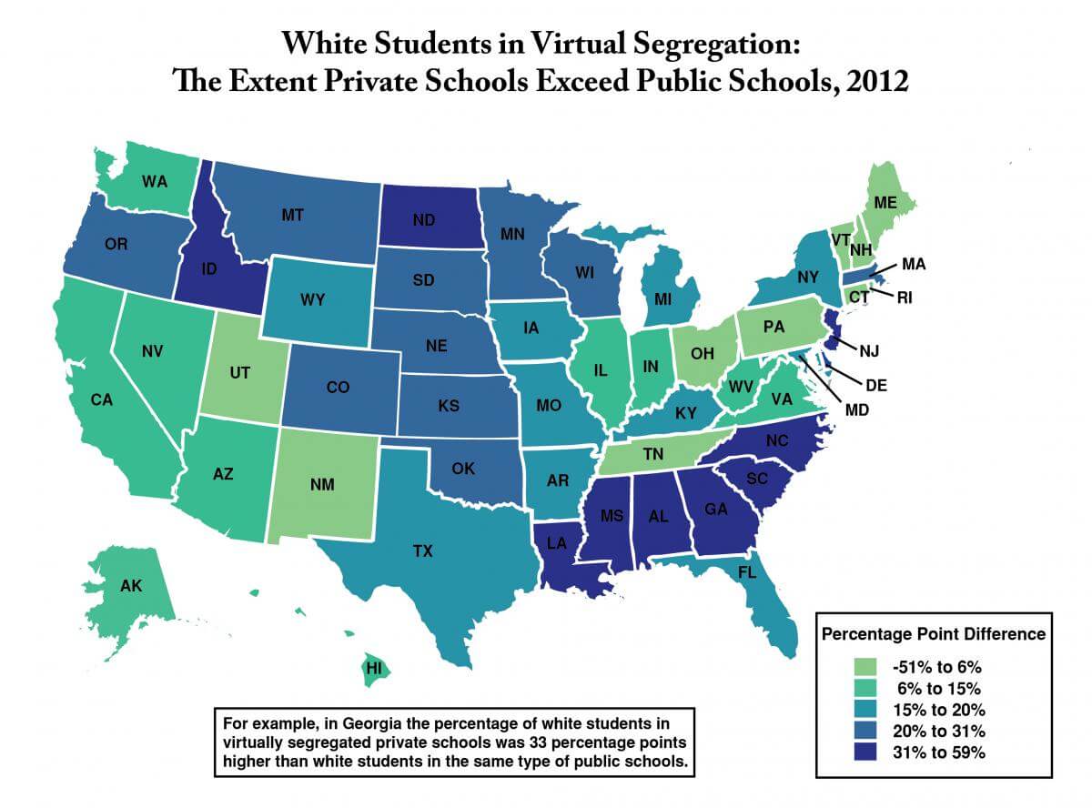 White Students in Virtual Segregation: The Extent Private Schools Exceed Public Schools, 2012. Map by Steve Suitts. Originally published in Race and Ethnicity in a New Era of Public Funding of Private Schools: Private School Enrollment in the South and the Nation (Southern Education Foundation, 2016). Map based on author's computations of National Center for Education Statistics data, 2012. Courtesy of the Southern Education Foundation. White Students in Virtual Segregation: The Extent Private Schools Exceed Public Schools, 2012. Map by Steve Suitts.