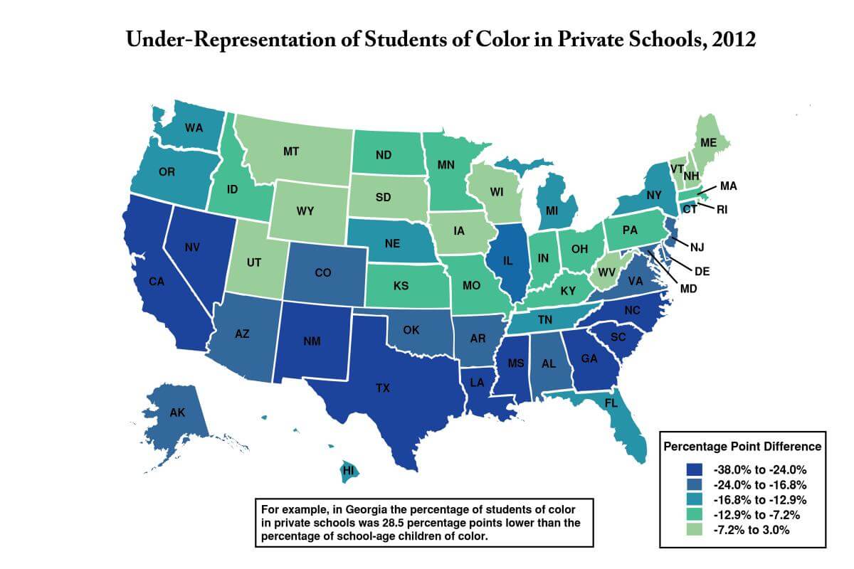 Under-Representation of Students of Color in Private Schools, 2012. Map by Steve Suitts. Originally published in Race and Ethnicity in a New Era of Public Funding of Private Schools: Private School Enrollment in the South and the Nation (Southern Education Foundation, 2016). Students of color in this map include African American, Hispanic, and Native American children. Map based on author's computations of National Center for Education Statistics Private School Survey, 2011–2012 and Census-based school-age population estimates. Courtesy of the Southern Education Foundation.