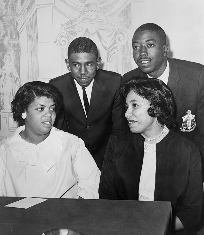 Linda Brown Smith, Ethel Louise Belton Brown, Harry Briggs Jr., and Spottswood Bolling Jr. during press conference at Hotel Americana, June 9, 1964. Photograph by Al Ravenna. Courtesy of the Library of Congress Prints and Photographs Division, loc.gov/pictures/item/95503560.