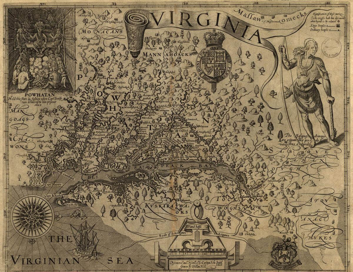 Map of Virginia indicating Powhatan presence, 1924. Map by John Smith and William Hole. Courtesy of the Library of Congress Geography and Map Division, loc.gov/resource/g3880.ct000377/. Map of Virginia indicating Powhatan presence