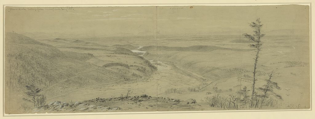 Shenandoah Valley from Maryland Heights, Maryland Heights, Virginia, 1864. Sketch by Alfred R. Waud (Alfred Rudolph). Courtesy of the Library of Congress Prints and Photographs Division, loc.gov/item/2004660474/. Shenandoah Valley from Maryland Heights
