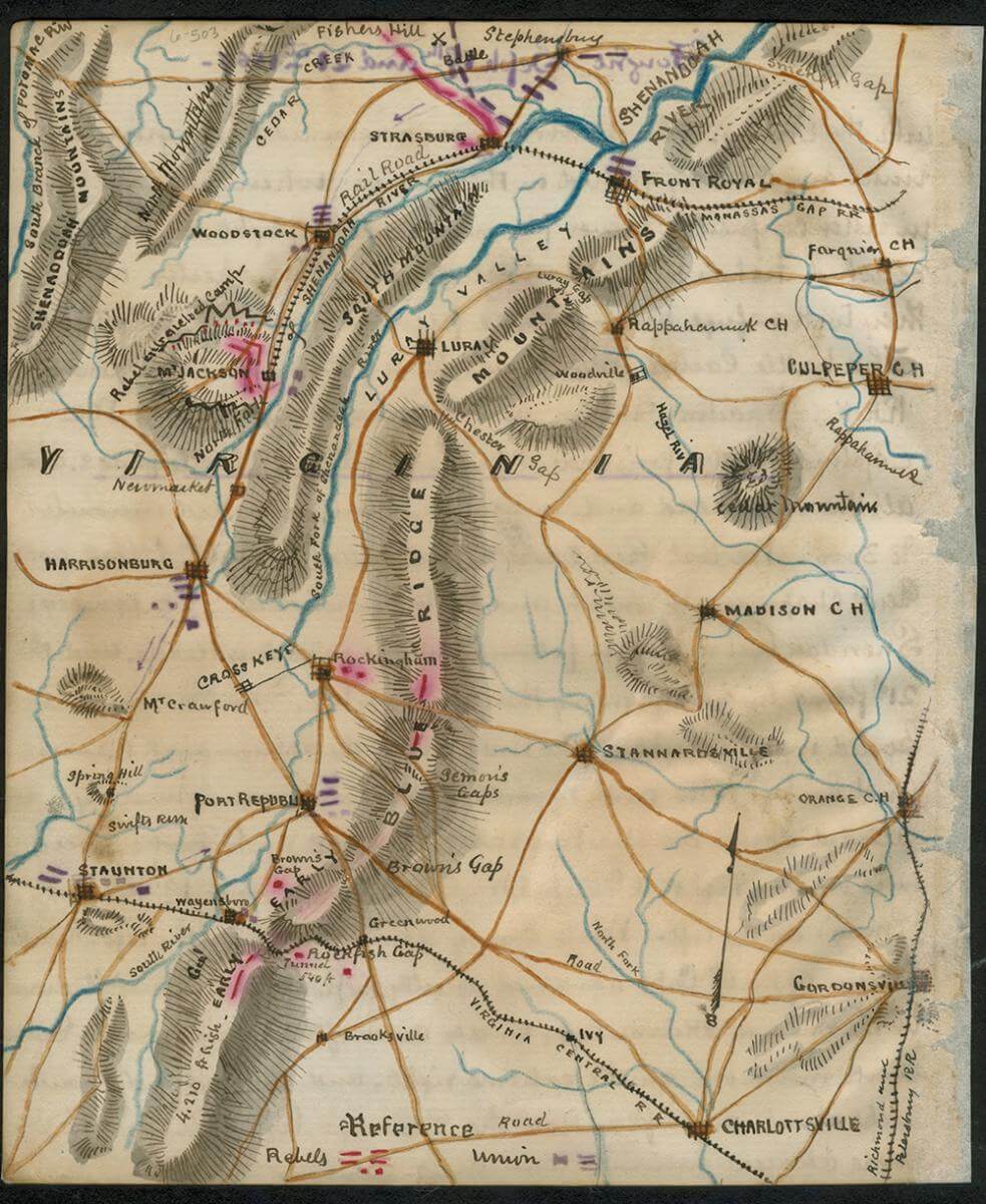 Map of the Shenandoah Valley Campaign, ca. 1864. Map by Robert Knox Sneden. Courtesy of the Library of Congress, loc.gov/resource/gvhs01.vhs00195/. Map of the Shenandoah Valley Campaign