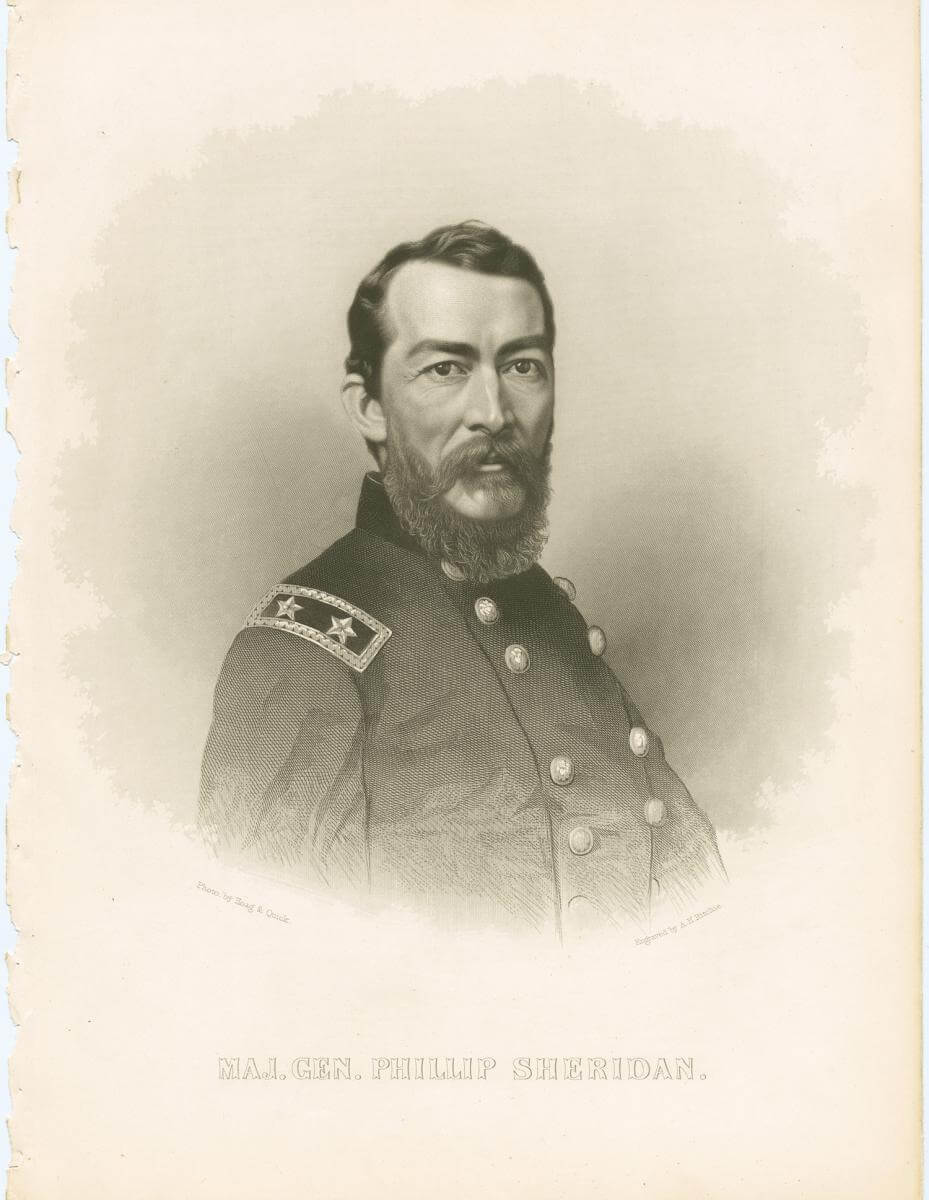 Major General Philip Sheridan, ca. 1861-1880. Illustration. Courtesy of the New York Public Library Miriam and Ira D. Wallach Division of Art, Prints, and Photographs, digitalcollections.nypl.org/items/510d47da-286d-a3d9-e040-e00a18064a99. Major General Philip Sheridan