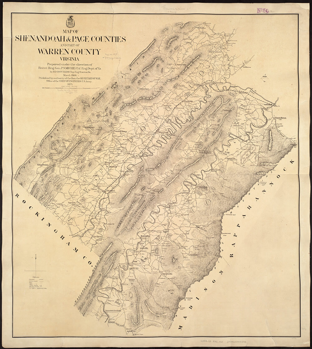 Detail from Jedediah Hotchkiss’s Map of Shenandoah and Page counties and part of Warren County, Virginia (1866). Courtesy of Flickr user Norman B. Leventhal Map Center. Creative Commons license CC BY 2.0. Detail from Jedediah Hotchkiss’s Map of Shenandoah