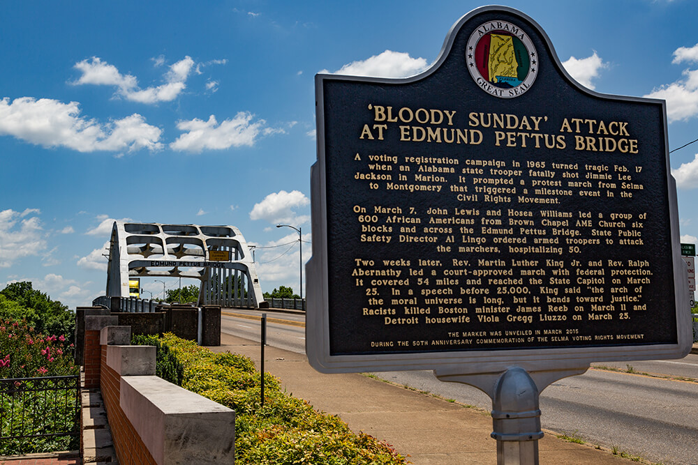 Historic marker at the Edmund Pettus Bridge, Selma, Alabama, June 21, 2016.  Photograph by Flickr user Tony Webster. Creative Commons license CC BY-SA 2.0.