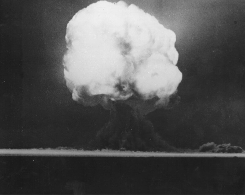 Trinity Test nuclear bomb 15 seconds after detonation, Alamogordo, NM, July 16, 1945. Photo courtesy of National Nuclear Security Administration/Nevada Field Office, www.nv.doe.gov/library/photos/photodetails.aspx?ID=51. Image is in public domain. Trinity Test nuclear bomb 15 seconds after detonation, Alamogordo, NM, July 16, 1945. Photo courtesy of National Nuclear Security Administration/Nevada Field Office, www.nv.doe.gov/library/photos/photodetails.aspx?ID=51. Image is in public domain.