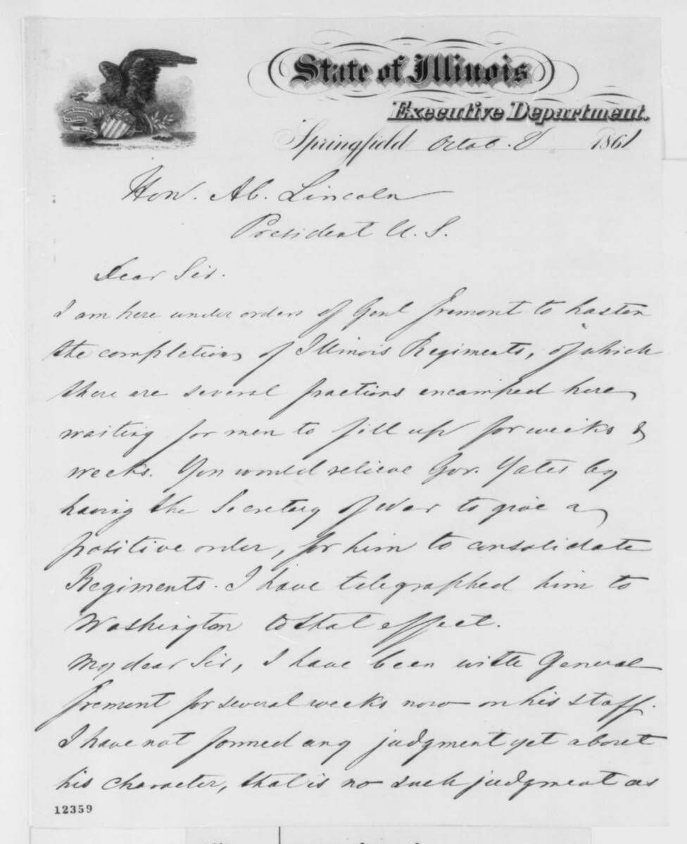 Letter from Gustave P. Koerner to Abraham Lincoln, Springfield, Illinois, October 8, 1861. Courtesy of the Library of Congress Abraham Lincoln Papers, Manuscript Division, memory.loc.gov/cgi-bin/ampage?collId=mal&fileName=mal1/123/1235900/malpage.db&recNum=0. Letter from Gustave P. Koerner to Abraham Lincoln, Springfield, Illinois, October 8, 1861. Courtesy of the Library of Congress Abraham Lincoln Papers, Manuscript Division, memory.loc.gov/cgi-bin/ampage?collId=mal&fileName=mal1/123/1235900/malpage.db&recNum=0.