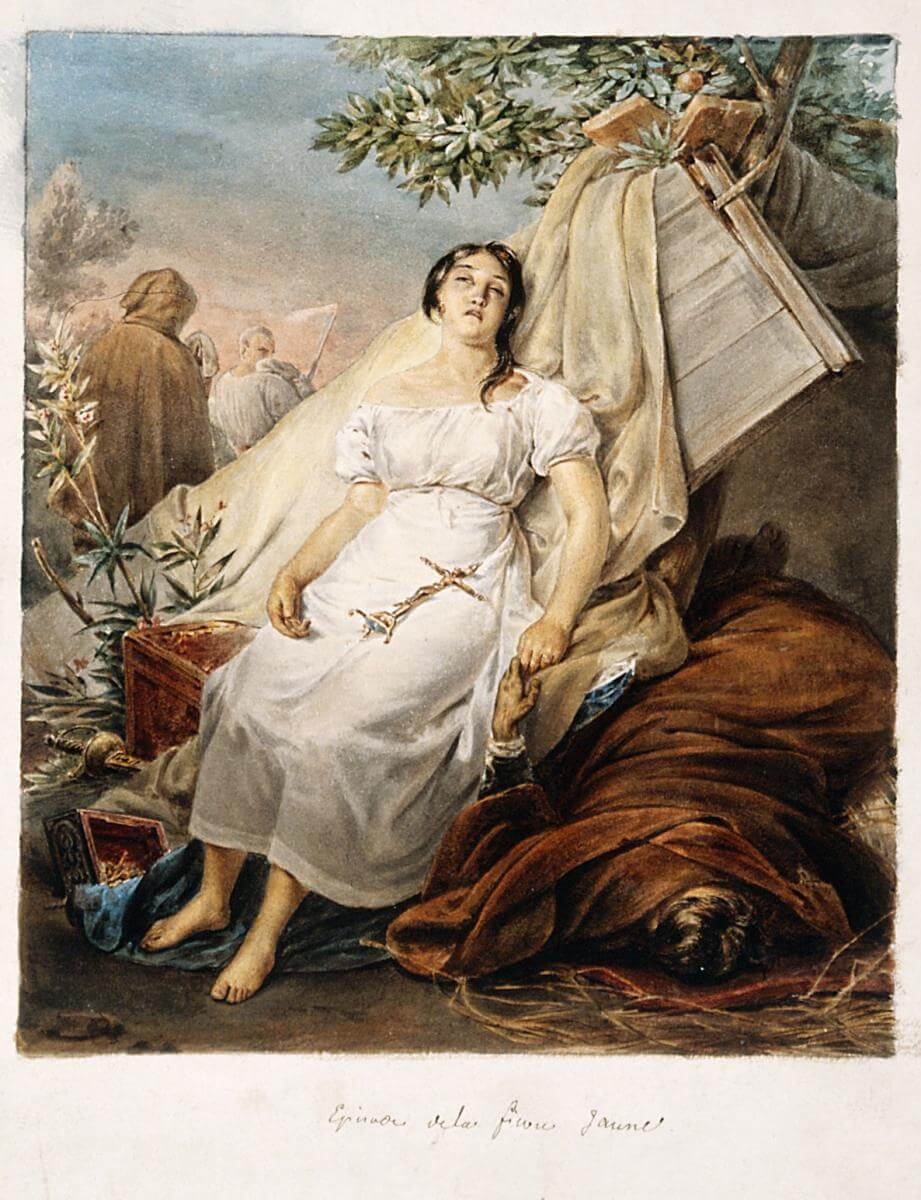 A girl suffering from yellow fever. Watercolor by unknown creator. Courtesy of Wikimedia Commons. Creative Commons license CC BY 4.0. A girl suffering from yellow fever. Watercolor by unknown creator. Courtesy of Wikimedia Commons. Creative Commons license CC BY 4.0.