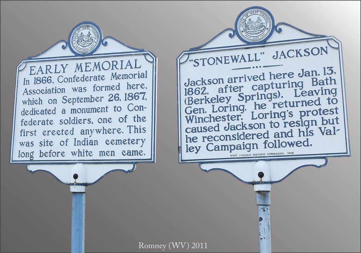"Early Memorial" and "Stonewall Jackson," Interpretive Signage, Romney, West Virginia, November 13, 2011. Photograph by Flickr user Ron Cogswell. Creative Commons license CC BY 2.0. Photograph of historical signage, "Early Memorial" and "Stonewall Jackson," in Romney, West Virginia.