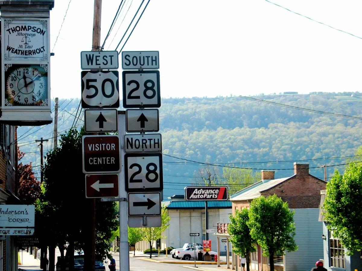 Center of Romney, WV, Romney, West Virginia, April 24, 2004. Photograph by Flickr user Taber Andrew Bain. Creative Commons license CC BY 2.0. Photograph of the small town center of Romney, West Virginia on a sunny day.