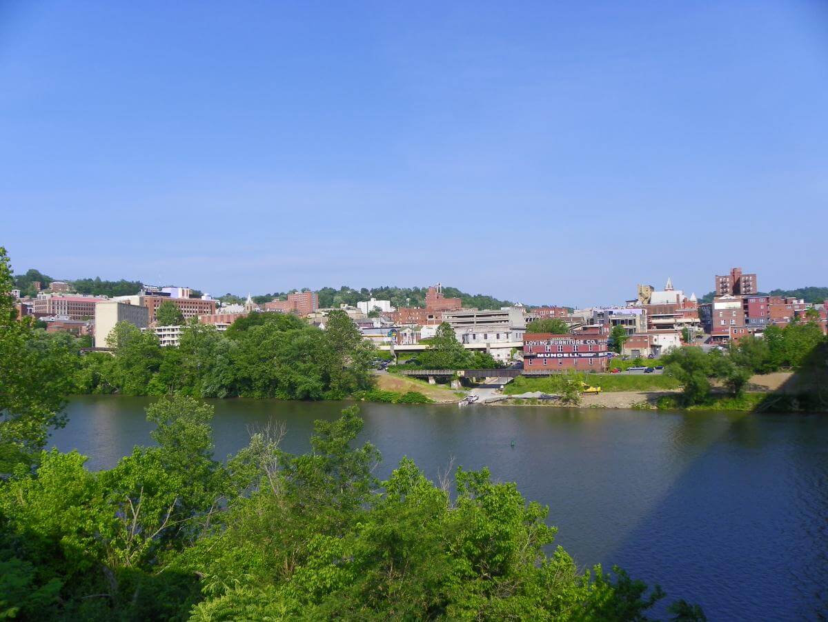 Morgantown, West Virginia Skyline, Morgantown, West Virginia, June 4, 2011. Photograph by Flickr user J. Stephen Conn. Creative Commons license CC BY-NC 2.0. Photograph of the buildings of Morgantown, West Virginia from across a river.