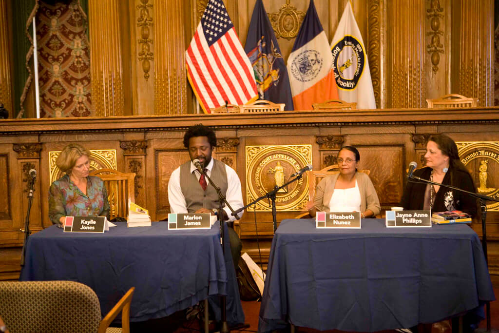 Jayne Anne Phillips (seated on far right) featured on a panel with (from left to right) Kaylie Jones, Marlon James, and Elizabeth Nunez at the Brooklyn Book Festival, Brooklyn, New York, September 12, 2010. Photograph by Flickr user Navdeep Dhillon. Creative Commons license CC BY 2.0. Jayne Anne Phillips (seated on far right) featured on a panel with (from left to right) Kaylie Jones, Marlon James, and Elizabeth Nunez.