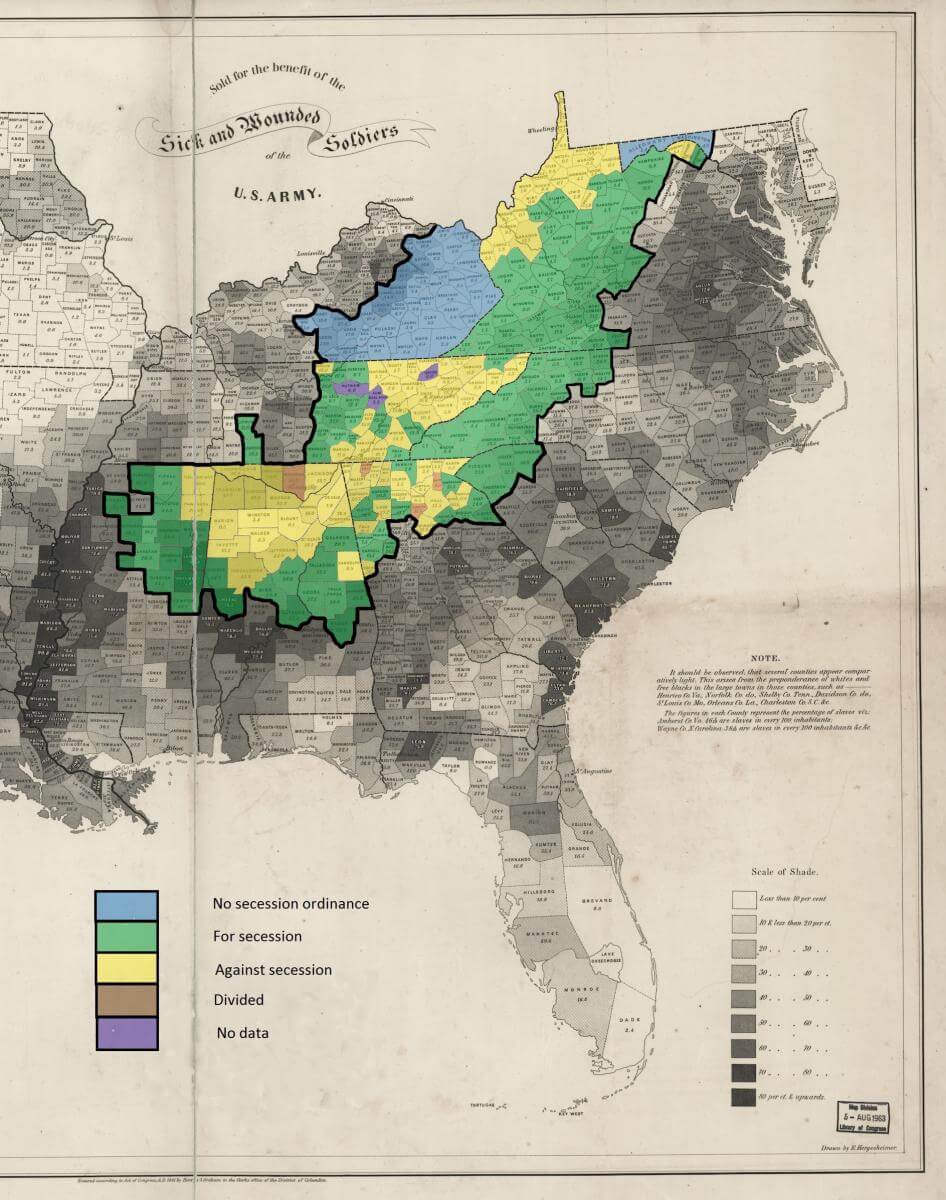Map of county secession votes of 1860–1861 in Appalachia. Map drawn by E. Hergesheimer. Image courtesy of Wikimedia Commons. Creative Commons license CC BY-SA 4.0. Map of county secession votes of 1860–1861 in Appalachia, with the majority of counties in East Appalachia showing green, "for secession." Northeast Tennessee, North Georgia, and Northwest West Virginia are mostly yellow, "against secession."