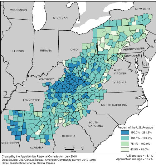 Relative Poverty Rates in Appalachia, 2012–2016 (County Rates as a Percentage of the US Average), July 2018. Map by the Appalachian Regional Commission. Courtesy of the Appalachian Regional Commission. Relative Poverty Rates in Appalachia, 2012–2016 (County Rates as a Percentage of the US Average), July 2018. Map by the Appalachian Regional Commission. Courtesy of the Appalachian Regional Commission.