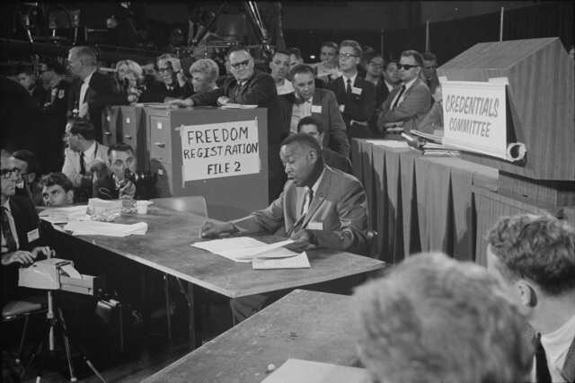 Aaron Henry, chair of the Mississippi Freedom Democratic Party delegation, speaks before the Credentials Committee at the Democratic National Convention, Atlantic City, New Jersey, August 22, 1964. Photograph by Warren K. Leffler. Courtesy of the Library of Congress Prints and Photographs Division, loc.gov/pictures/item/2003688166. Aaron Henry, chair of the Mississippi Freedom Democratic Party delegation, speaks before the Credentials Committee at the Democratic National Convention, Atlantic City, New Jersey, August 22, 1964. Photograph by Warren K. Leffler. Courtesy of the Library of Congress Prints and Photographs Division, loc.gov/pictures/item/2003688166.
