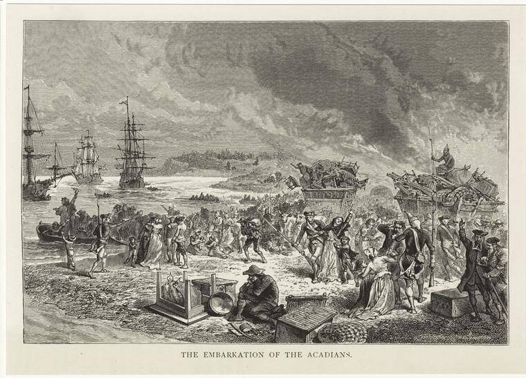 The Embarkation of the Acadians, 1881. Wood engraving by Émile Antoine Bayard and Henri Théophile Hildibrand. Courtesy of Art and Picture Collection, New York Public Library Digital Collections.