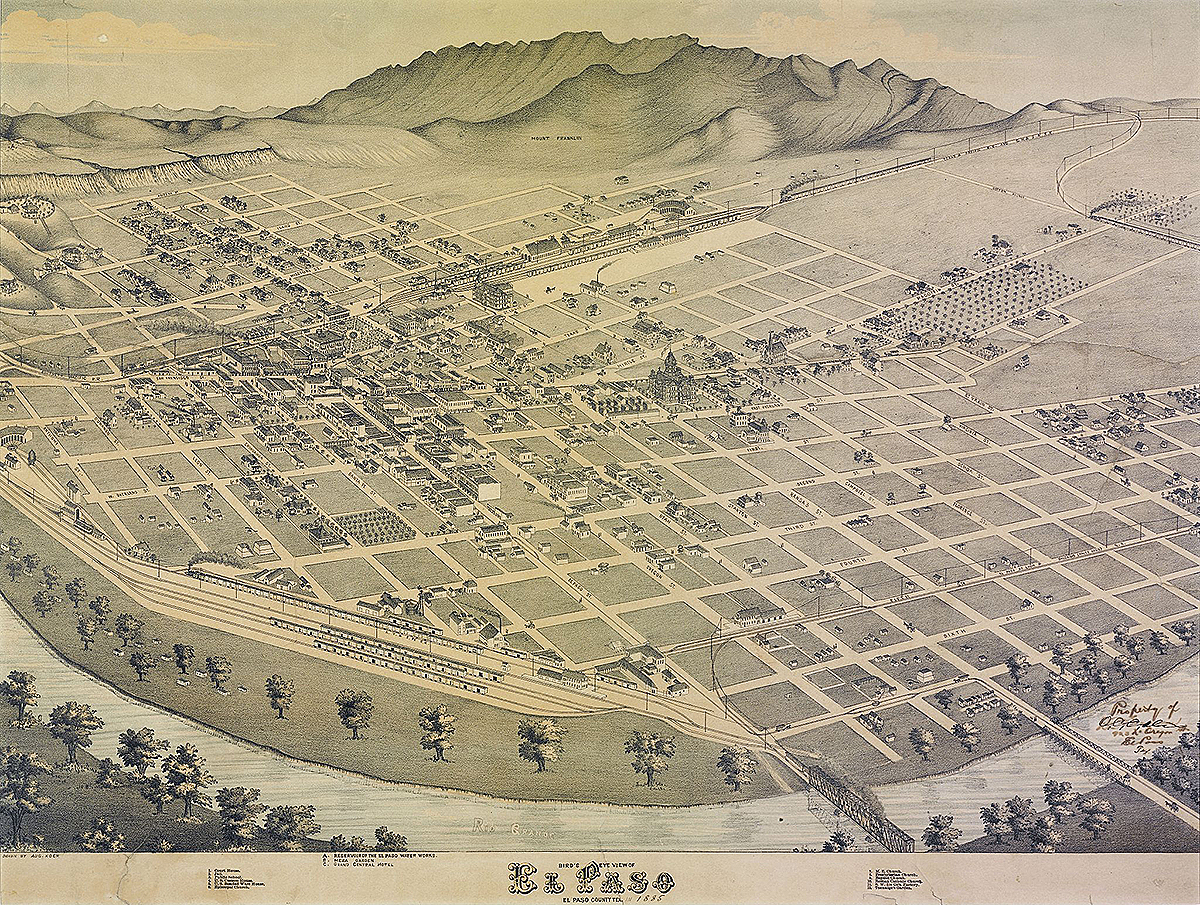 Bird's Eye View of El Paso, El Paso County Texas, 1886. Lithograph by Augustus Koch. Courtesy of Wikimedia Commons. Image is in public domain. Bird's Eye View of El Paso, El Paso County Texas, 1886. Lithograph by Augustus Koch. Courtesy of Wikimedia Commons. Image is in public domain.