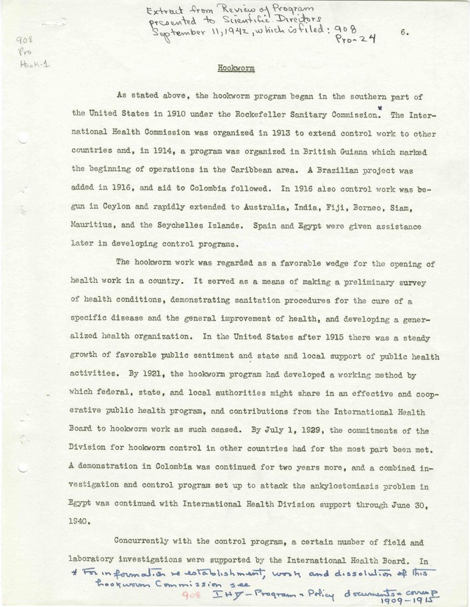 Hookworm (Extract from Review of Program presented to Scientific Directors), 1942. Memo by Rockefeller Foundation. Courtesy of the 100 Years: The Rockefeller Foundation website, Rockefeller Archive Center, Rockefeller Foundation. Hookworm (Extract from Review of Program presented to Scientific Directors), 1942. Memo by Rockefeller Foundation. Courtesy of the 100 Years: The Rockefeller Foundation website, Rockefeller Archive Center, Rockefeller Foundation.