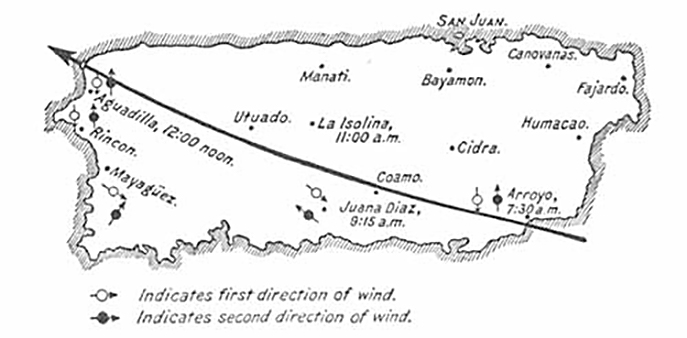 Path of Hurricane San Ciriaco over the island of Puerto Rico, 1899. Originally published in George W. Davis's Military Government of Porto Rico from October 18, 1898, to April 30, 1900 (Washington DC: US Government, 1902), 612. Courtesy of the Library of Congress Hispanic Division, loc.gov/rr/hispanic/1898/sanciriaco.html. Path of Hurricane San Ciriaco over the island of Puerto Rico, 1899. Originally published in George W. Davis's Military Government of Porto Rico from October 18, 1898, to April 30, 1900 (Washington DC: US Government, 1902), 612. Courtesy of the Library of Congress Hispanic Division, loc.gov/rr/hispanic/1898/sanciriaco.html.