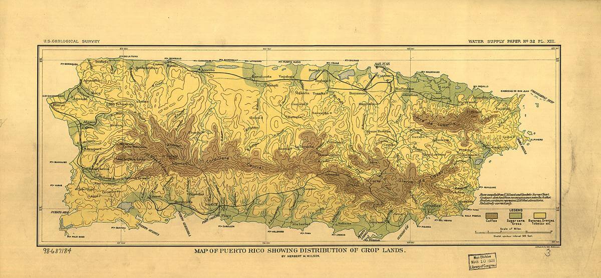 Map of Puerto Rico showing distribution of crop lands, 1899. Map by Herbert M. Wilson. Courtesy of the Library of Congress Geography and Map Division, loc.gov/item/98687184/. Map of Puerto Rico showing distribution of crop lands, 1899. Map by Herbert M. Wilson. Courtesy of the Library of Congress Geography and Map Division, loc.gov/item/98687184/.