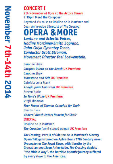 Content page from The Fifth London Festival of American Music program featuring The Crossing, with libretto by Joan Anim-Addo. Content page from The Fifth London Festival of American Music program featuring The Crossing, libretto by Joan Anim-Addo.